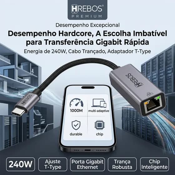 HREBOS tipo-C Gigabit placa de rede estabilização baixa latência jogos escritório Tablet Switch adaptador de porta de re