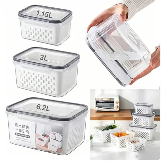 haosin Kit 3 Potes Herméticos Organizadores de Geladeira – 6.2L + 3L + 1.15L p/ Alimentos e Vegetais