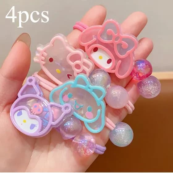 Conjunto de 4 peças de elásticos de cabelo de personagens femininas da Sanrio, cordas de cabelo que não danificam, acess