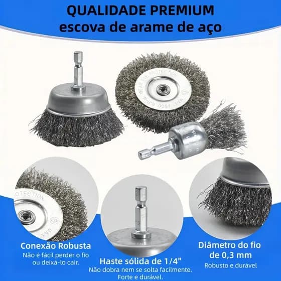 Jogo Escova de Aço para Furadeira e Parafusadeira 6 Peças: Kit Rotativo Haste Hexagonal 1/4 Remoção de Ferrugem e Tinta