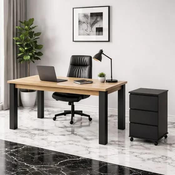 Conjunto Escritório: Mesa 120x90 Mel ou Preta com Gaveteiro