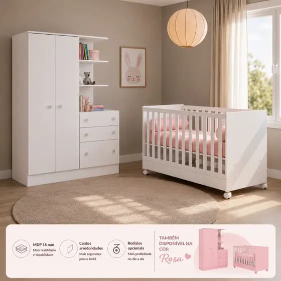 Kit Quarto de Bebê Completo Berço de Bebê que Vira Cama Guarda Roupa Infantil Com Comoda Qmovi