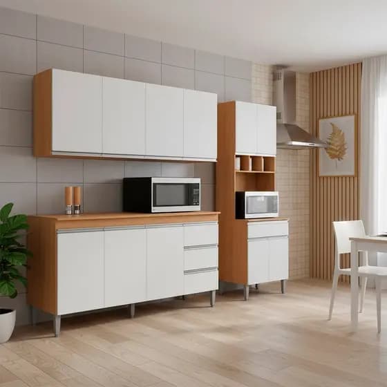 Conjunto Kit Cozinha Completa Balco Pia sem Tampo Armrio Areo e Armrio Paneleiro Torre Multiuso AJL Mveis