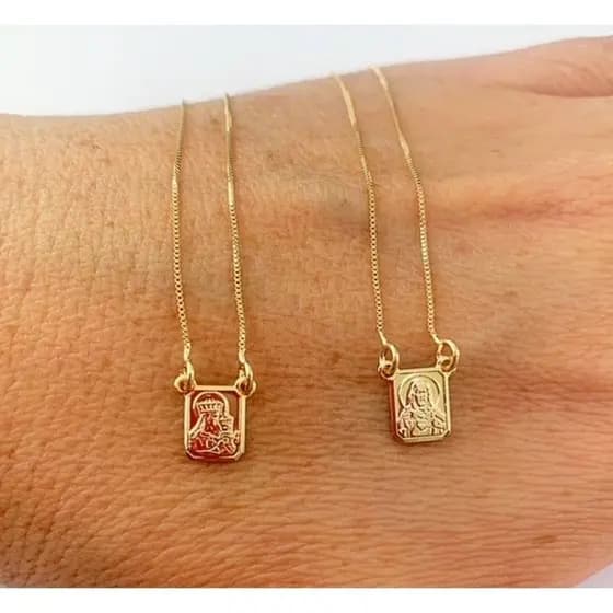 Escapulário folheado a ouro 18 k prata 925 Nossa Senhora do Carmo e Sagrado coração de Jesus pequeno.