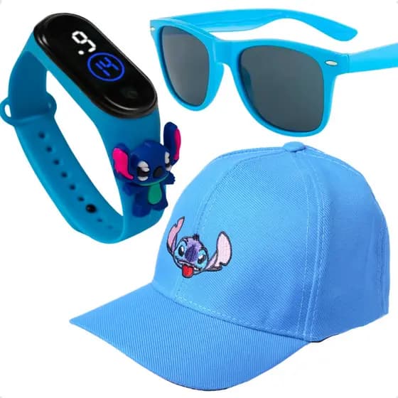 Kit Infantil Boné + Óculos Proteção UV + Relógio Digital Led Personagem Stitch Qualidade Premium