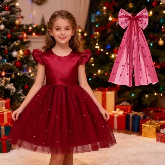 Vestido de festa para meninas com laço grande, primeiro aniversário, batismo, princesa
