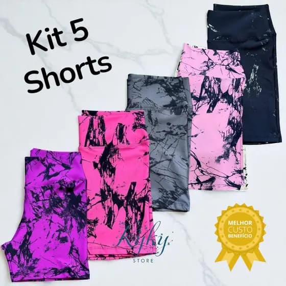 Kit 5 Shorts Cintura Alta Feminino Fitness Marmorizado Roupa Academia Zero Transparencia Shortinho