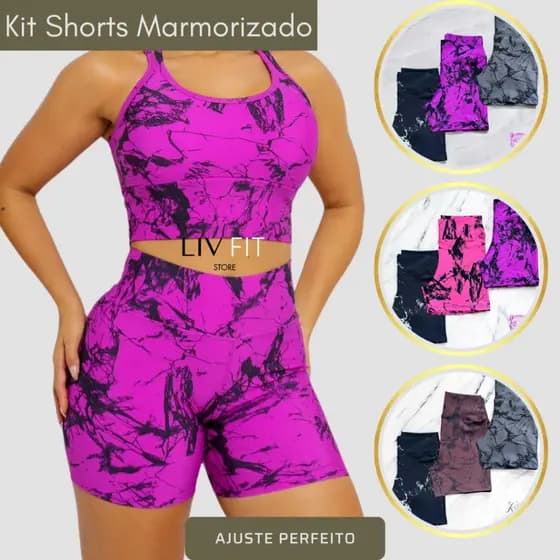 Kit Shorts Feminino Marmorizado Modelador CIntura Alta Academia Fitness Shortinho Bermuda Ciclismo