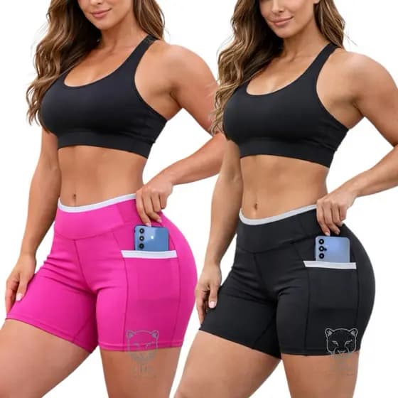 kit 2 Shorts Feminino Com Bolso Lateral para Celular Shortinhos Line Due Bicolor Sem Transparência