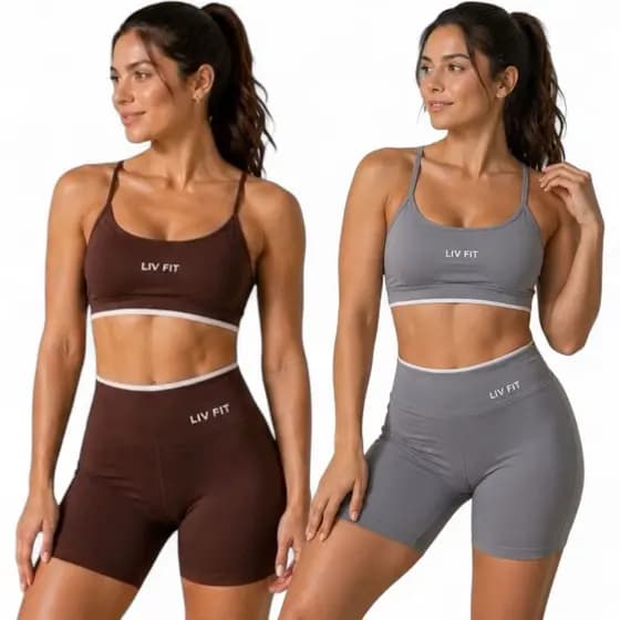 Kit 2 Conjuntos Bicolor Poliamida Academia Fitness Top Bojo Removível Shorts Cintura Alta Zero Transparência