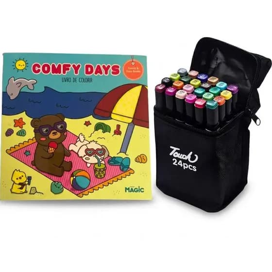 kit Livro de Colorir 48 Páginas e 24 Canetas Ponta Dupla Marcadora