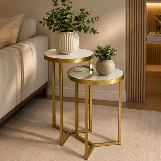 Kit 2 Mesas Laterais Douradas Espelhadas Mesa de Apoio Redonda Sala Quarto Decoração Luxo