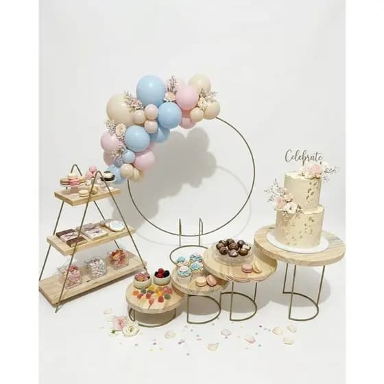 Kit Decoração Completo Para Festa Mini Arco Boleira Suportes para Doces Prateleira Escadinha Ferro Madeira