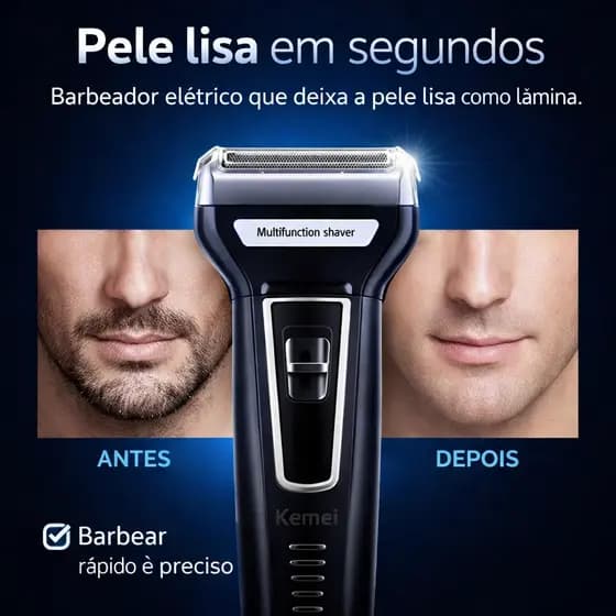 Aparador de Barba Kemei 3 em 1 Recarregável Bivolt Máquina de Barbear Aparador de Nariz Profissional