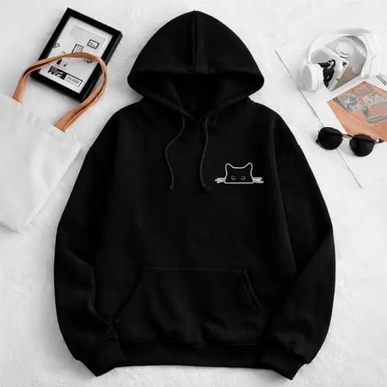 Moletom Canguru Unissex Gato Preto Algodão Liso Cordão Ajustável Bolso Reforçado Inverno
