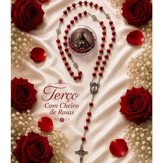 Terço de Nossa Senhora Aparecida Vermelho com Caixinha medalha nos mistérios perfume cheiro de rosa