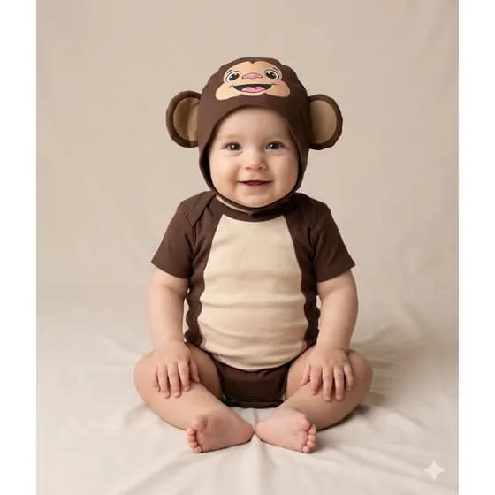 Body Bebê Mesversario temático do Macaquinho Com Touca – 100% Algodão, Manga Curta