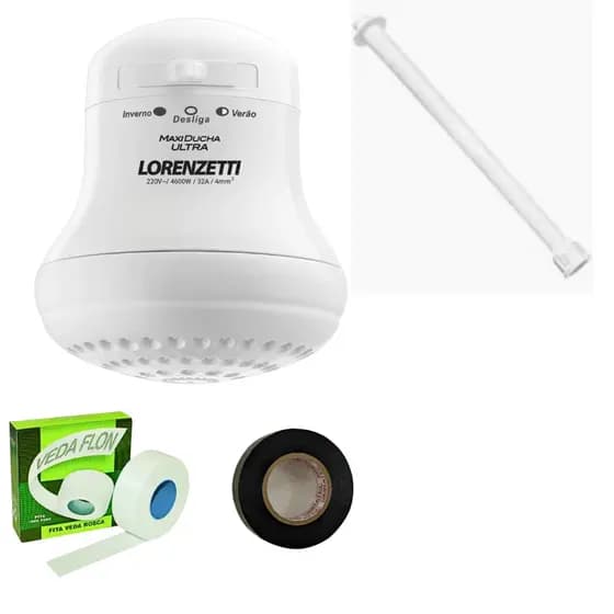 Chuveiro Maxi Ducha Lorenzetti+Fita Veda Rosca+Fita Isolante+Braço de Chuveiro 30cm