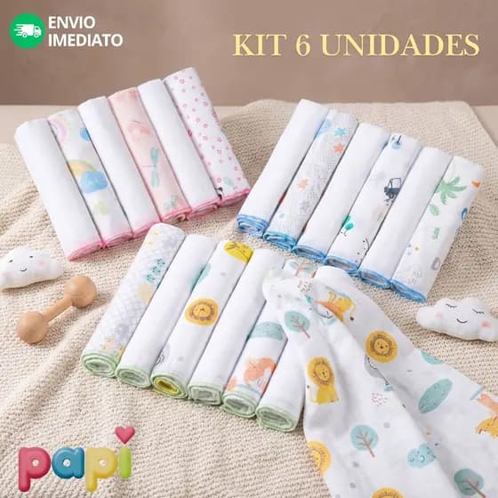 Kit 6 UNID Paninhos Boca 100% Algodão Paninho Fralda Bebê 30cmx30cm Papi Karinho