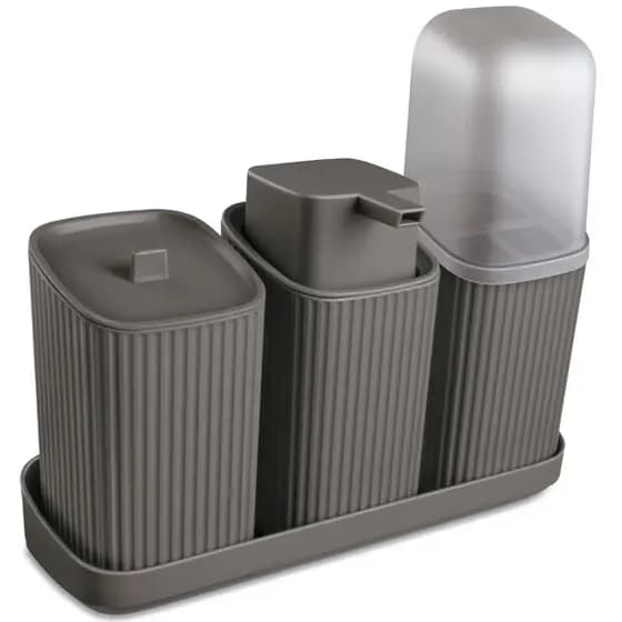 Kit Banheiro Porta Sabonete Escova Algodão C/Bandeja 4 Peças Cinza Escuro- Usual