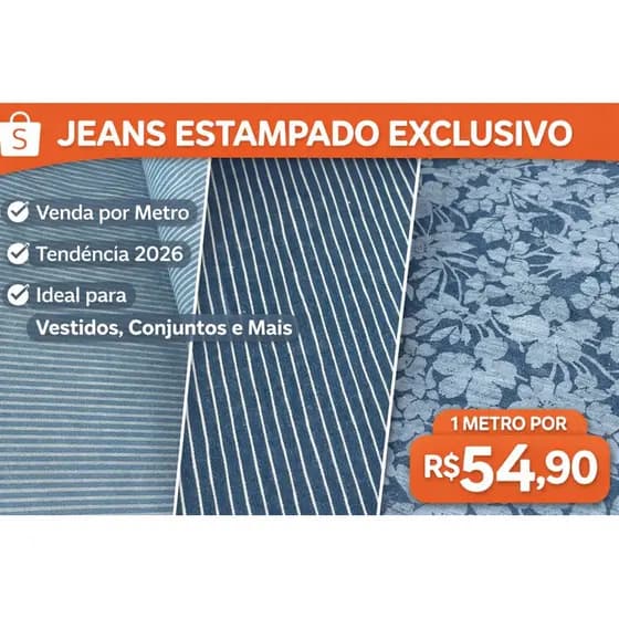Tecido Jeans Estampado 100% Algodão Premium 530g | 1,75 Largura | Floral e Listrado por Metro