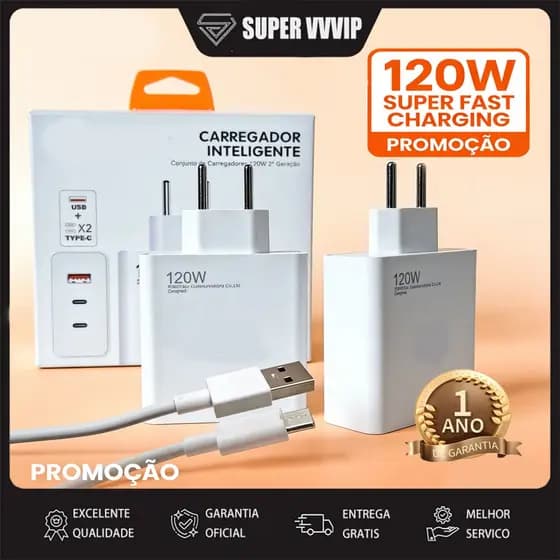 【Brasil Spot Sale】Carregador Inteligente Turbo 120W 2ª Geração 3 Portas USB/Type C Rápido Universal