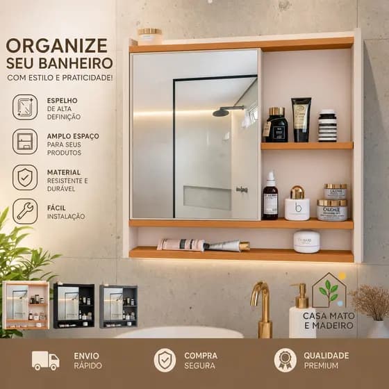 Armário para Banheiro com Espelho Aqua Suspenso com Porta e Nicho