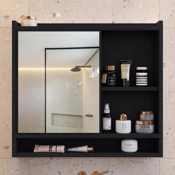 Espelheira Suspensa para Banheiro Closet Porta e Armário armarinho aqua com nicho Preto