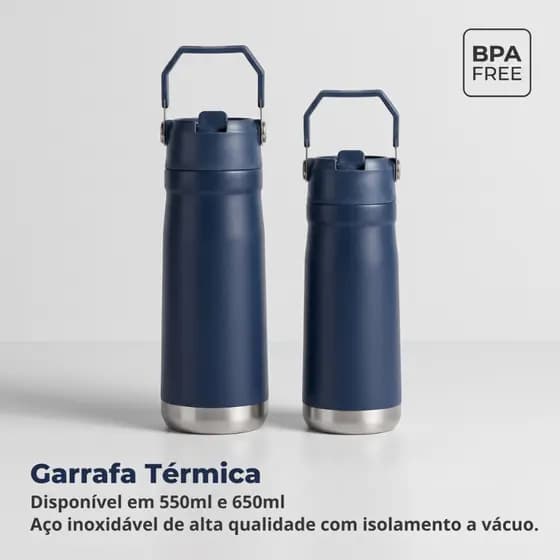 Garrafa Térmica Aço inox 650ml Parede Dupla com Canudo Flip, Alça Portátil 1313