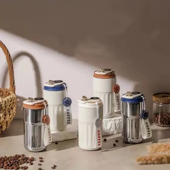 Copo Térmico Cafe personalizado Inox Portátil com tampa 450ml Com LED Temperatura Antivazamento