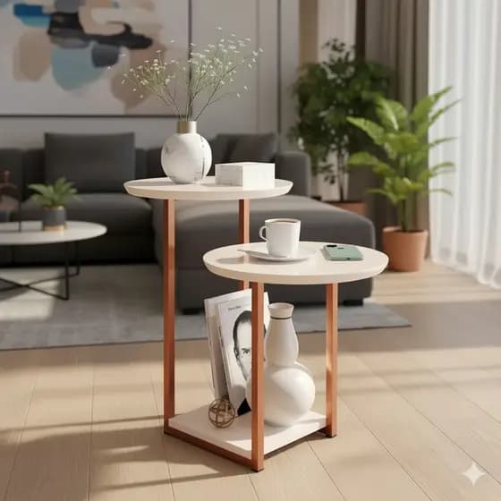 Mesa Apoio Lateral Sala Sofá com 2 Tampos Pés de Ferro Industrial Decoração