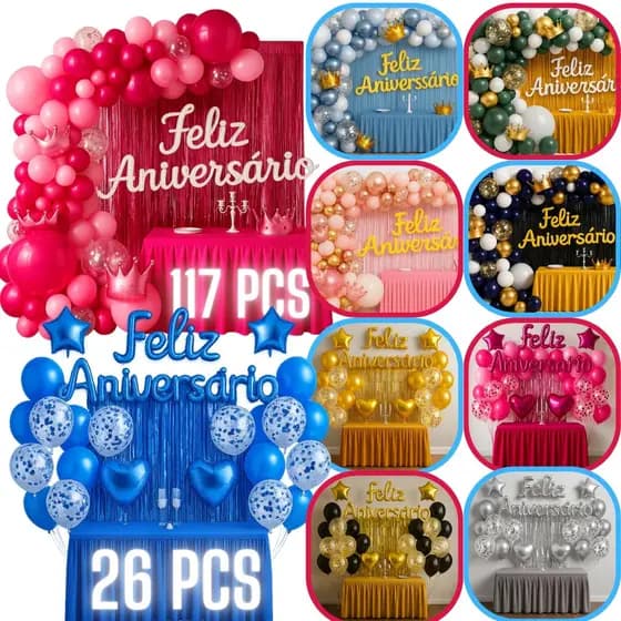 Kit 26/117 Pcs Balão Feliz Aniversario Cortinas Toalha Bexigas Festa Decoração Enfeite Happy Birthday