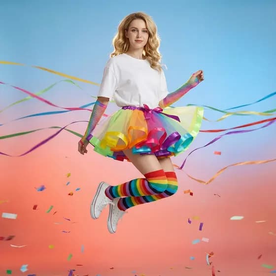 Conjunto Luva/Meia/Saia Tule Arco-Íris Adulto-Tule Colorido 40cm para Festas e Carnaval