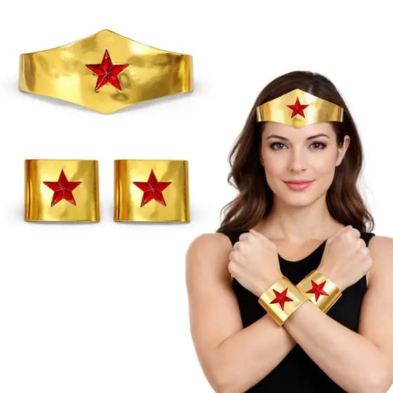 C/ 03 PÇS Bracelete + Tiara Dourado COSPLAY Mulher Maravilha Fantasia Heroína