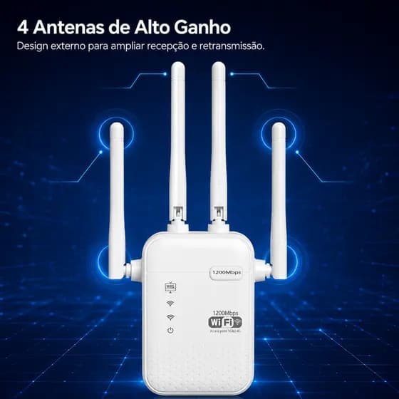 Repetidor WiFi Banda Dupla 2.4G+5G 1200Mbps Extensor Sinal 4 Antenas Modo AP Bivolt Jogos Streaming Casa Escritório