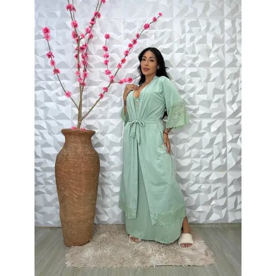 Camisola Longa Amamentação com Renda + Robe Longo