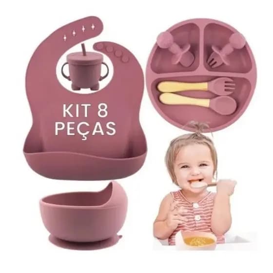 Kit Bebê 8 Peças Silicone Alimentar: Prato Ventosa Antiderrapante, Colher Termo, Garfo Mordedor + Canudo Treino