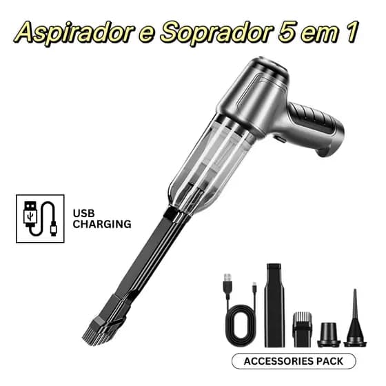 Aspirador e Soprador Portátil 5 em 1 - Alta Potência e Multifuncional para Limpeza Completa