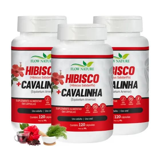 Hibisco com Cavalinha 120 Cápsulas de 500 mg - Suplemento Natural - Kits Com 1,2e3 Potes-FlowNature