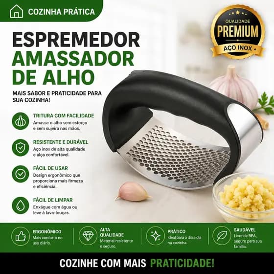 Espremedor Amassador De Alho Inox Manual Triturador Profissional Antiodor Ergonômico Cozinha Premium
