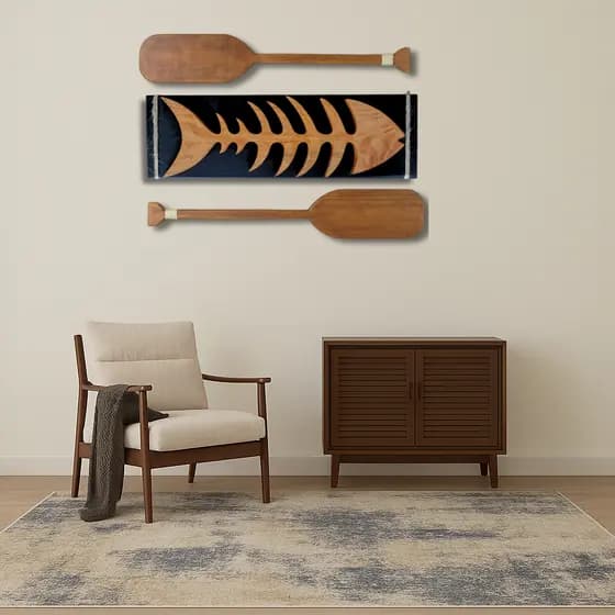 Kit 2 Remos Rústicos e Quadro Espinha de Peixe Madeira Pinus Decoração Náutica de Praia Parede Casa Sala