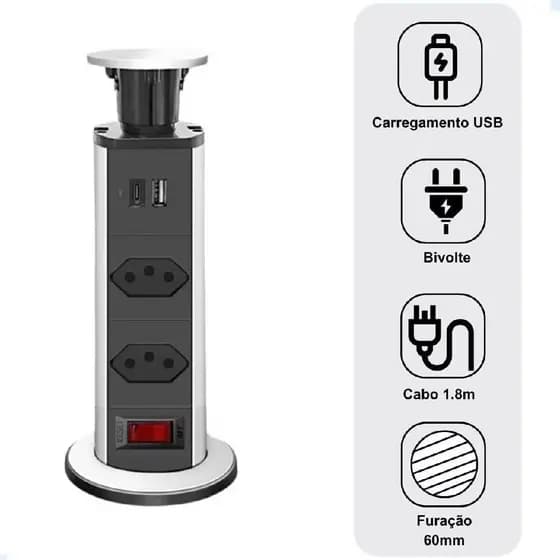 Torre de Tomada Retrátil Embutir 2 Tomadas Multiplug Com USB+USB-C