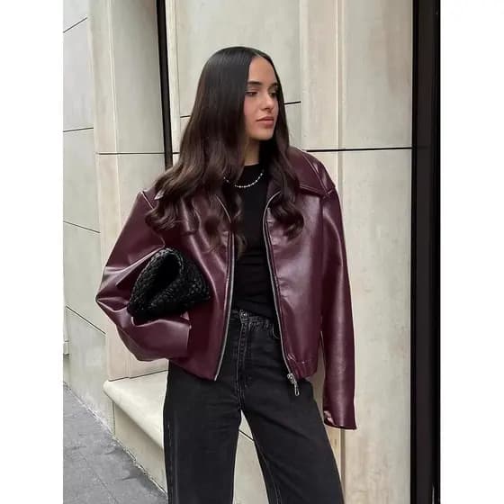 Retro estilo motocicleta vinho vermelho jaqueta de couro feminino moda fosco jaqueta de couro feminino JA