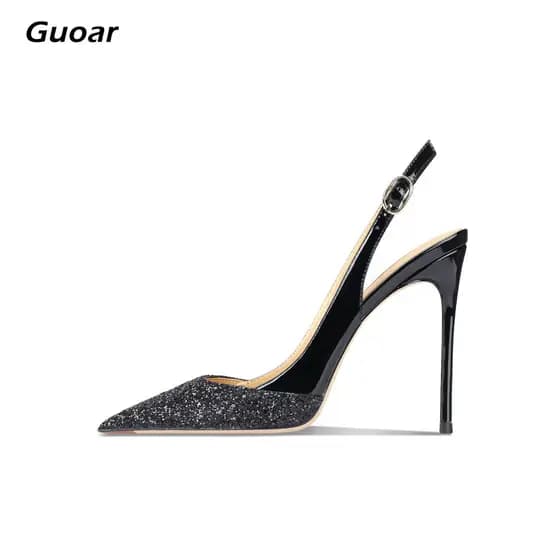 Guoar2024 bico fino lantejoulas couro envernizado costura traseira vazia 12cm tamanho grande 35-44 sandálias femininas d