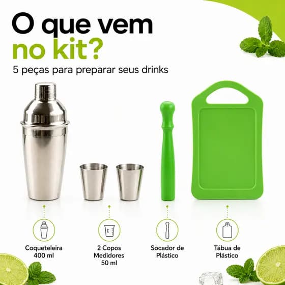 Kit Caipirinha Bartender 5 Pç Coqueteleira Socador Tabua Dosador Completo Drink Coqueteis