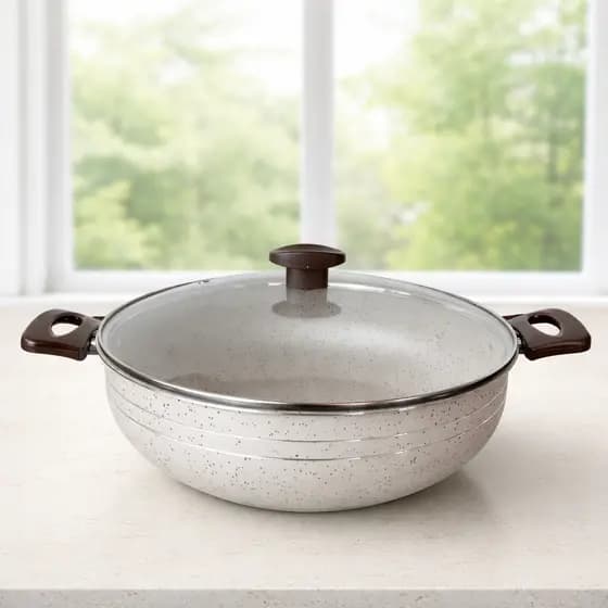 Panela Frigideira Antiaderente Wok Grande c/ Tampa de Vidro Caçarola Detalhes Pratas