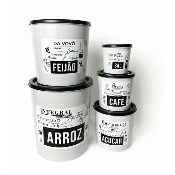 Kit 5 Potes de Mantimentos Organizadores para Cozinha de Plástico