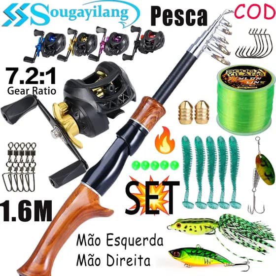 Sougayilang✨Kit Vara de Pesca Telescópica com Molinete Baitcasting 7.2:1 Fibra de Vidro, Acessórios Completos para Pesca