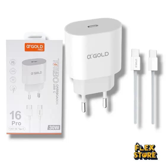 Carregador Turbo Completo 30W α’GOLD PRO CA31-3 com Cabo USB-C | PD Power Delivery | Bivolt Compatível Android e iPhone