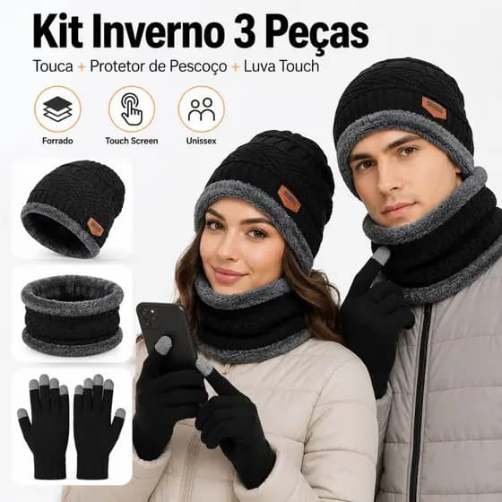 Kit Inverno Completo Frio Touca Gorro Luva Touch Cachecol Térmico Forrado Unissex Masculino Feminino